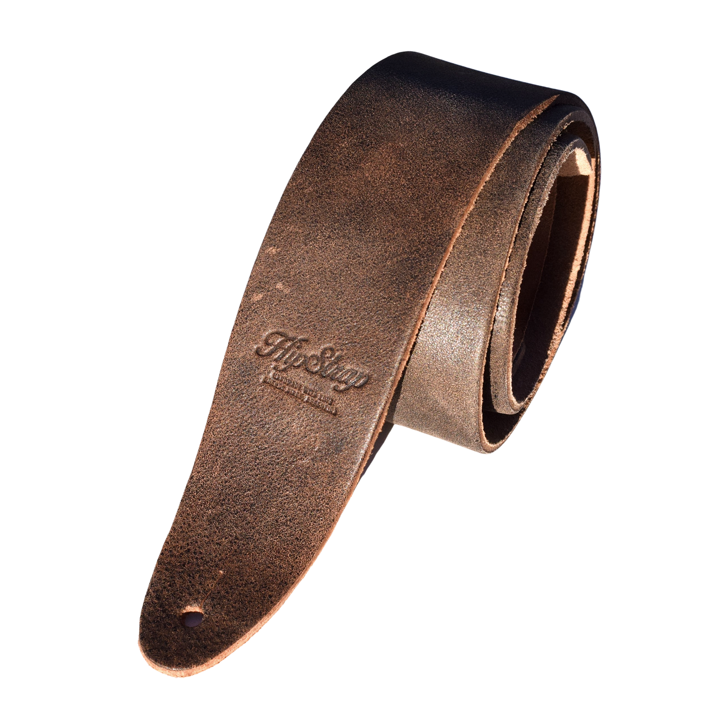 HipStrap Distressed Leather Guitar Strap with an aged, distressed finish and natural suede back. Shown in a classic, rugged style with adjustable length options.