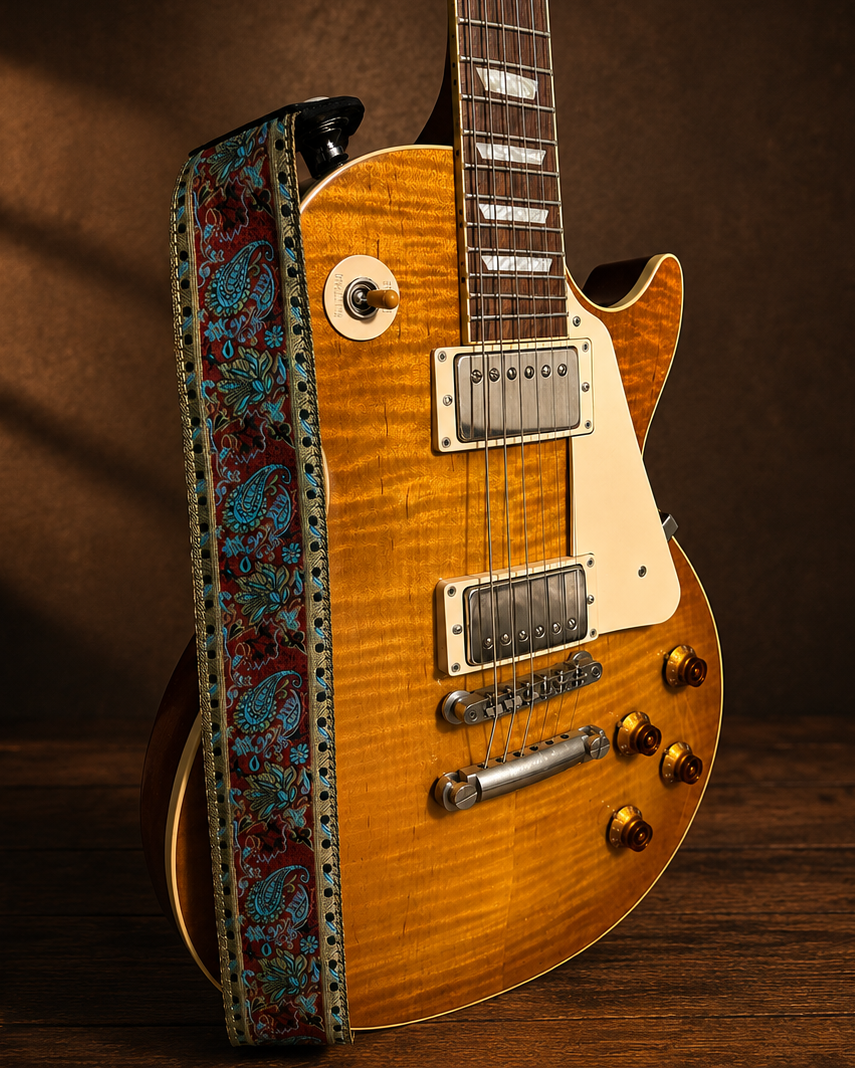 Electric guitar with a patterned strap on a dark background